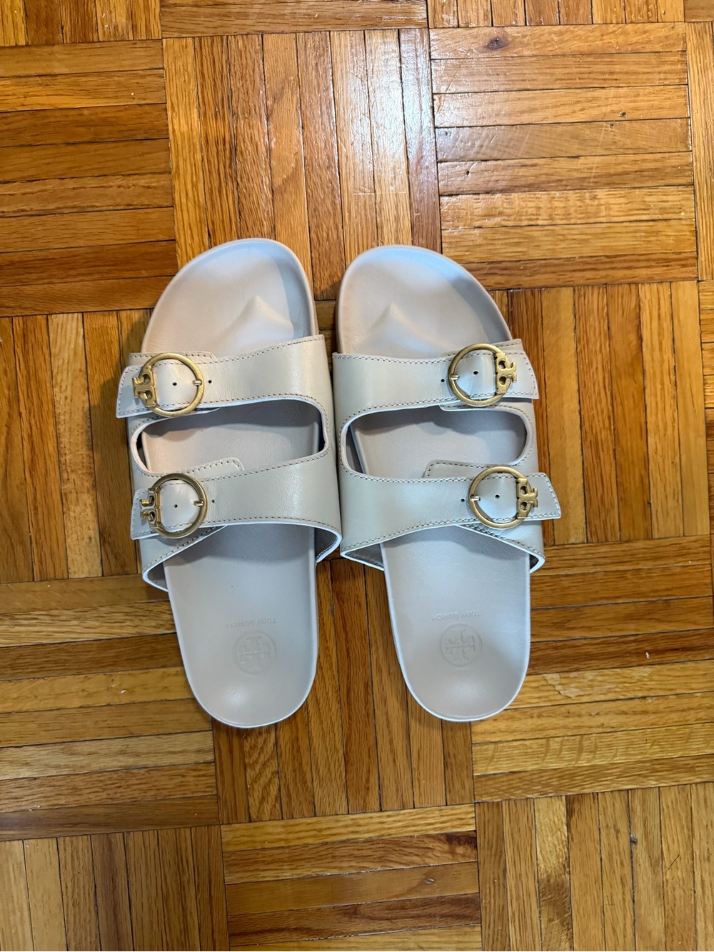 Tory Burch Cream Double-Buckle Slide Sandals with Gold Buckles